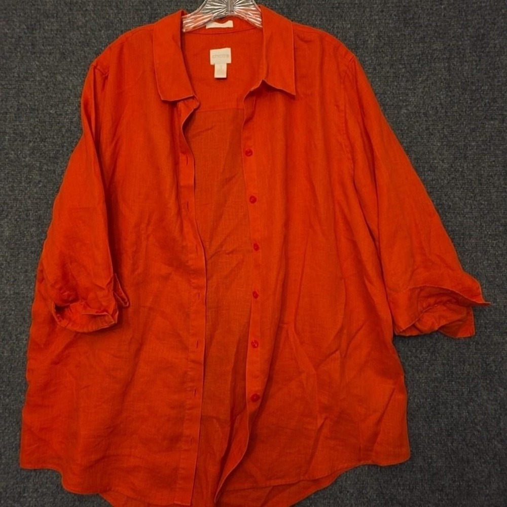 Chico's Button Up Shirt Womens 3 Orange Linen Collared 3/4 Sleeve Tunic Top
